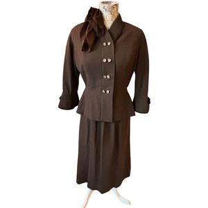 Vintage Mad Men 40s 50s classic Forstmann Wool Brown Skirt retro Suit Set